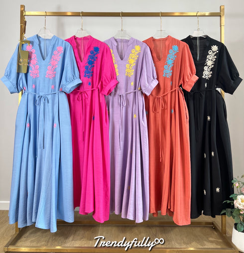 Embroidery Pattern V Neck Loose Fit Dress